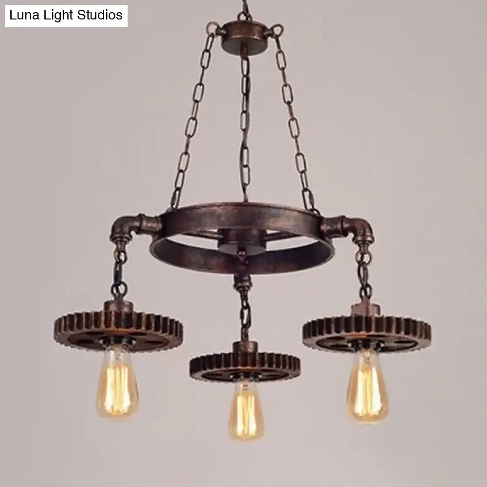 Bronze Gear Chandelier - Loft Style Iron Suspension Lamp For Living Room 3/5/7-Light Ceiling Fixture