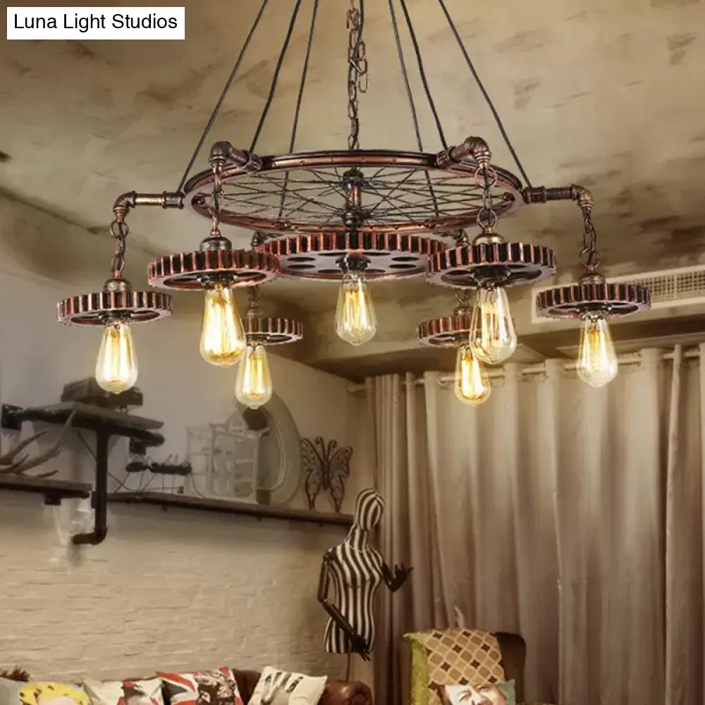 Antiqued Bronze Gear Chandelier - Loft Style Iron 3/5/7-Light Ceiling Lamp For Living Room