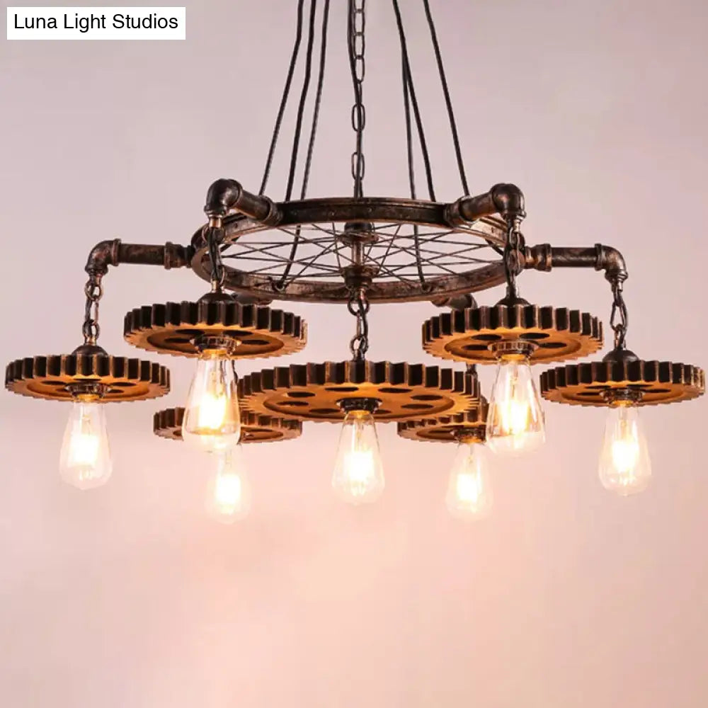 Bronze Gear Chandelier - Loft Style Iron Suspension Lamp For Living Room 3/5/7-Light Ceiling Fixture