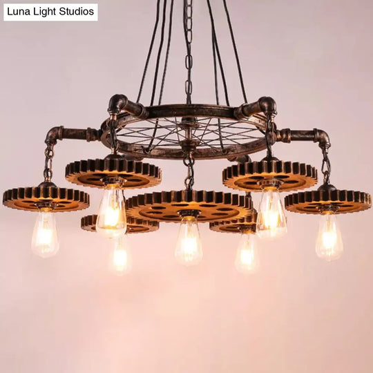 Bronze Gear Chandelier - Loft Style Iron Suspension Lamp For Living Room 3/5/7-Light Ceiling Fixture