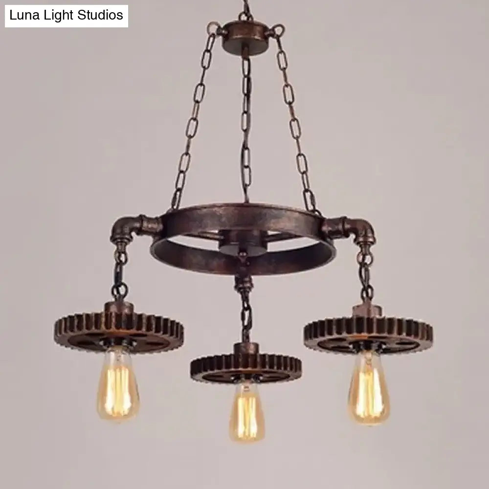 Antiqued Bronze Gear Chandelier - Loft Style Iron 3/5/7-Light Ceiling Lamp For Living Room