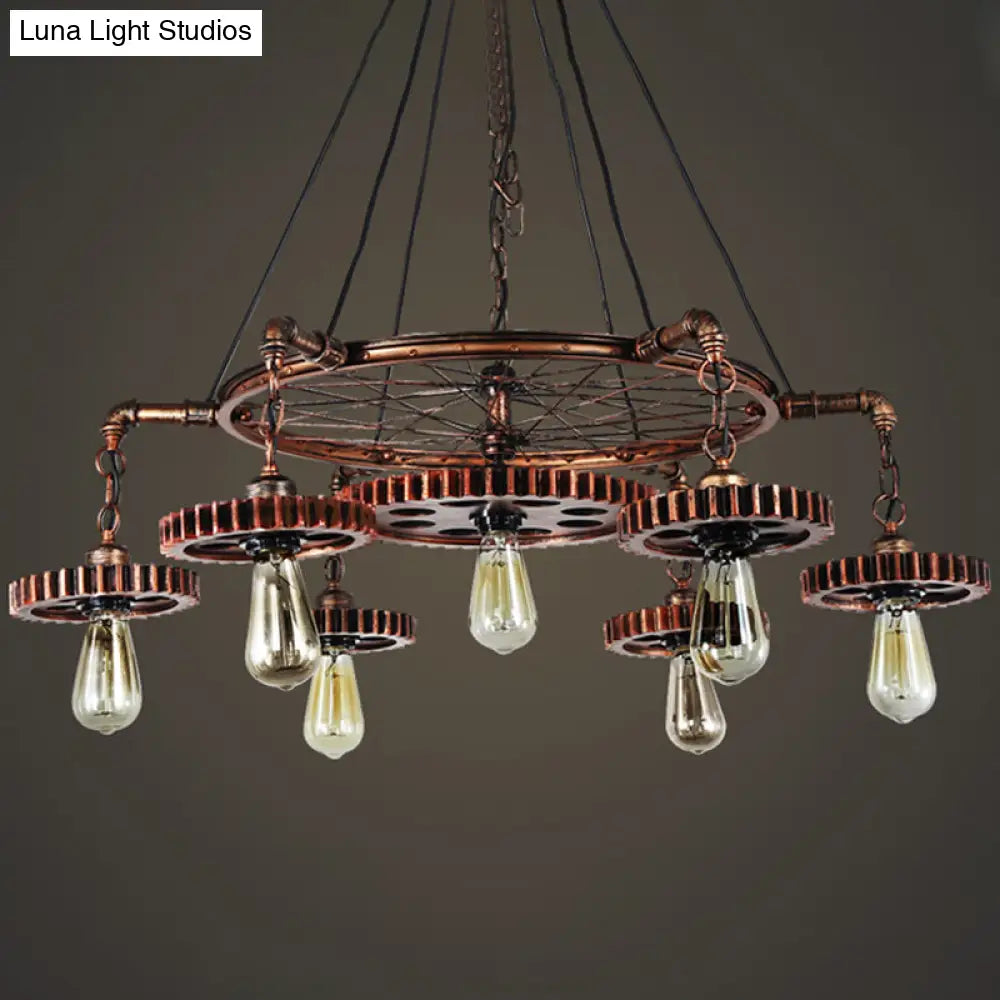 Antiqued Bronze Gear Chandelier - Loft Style Iron 3/5/7-Light Ceiling Lamp For Living Room