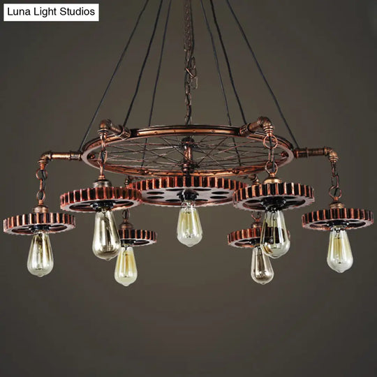 Antiqued Bronze Gear Chandelier - Loft Style Iron 3/5/7-Light Ceiling Lamp For Living Room