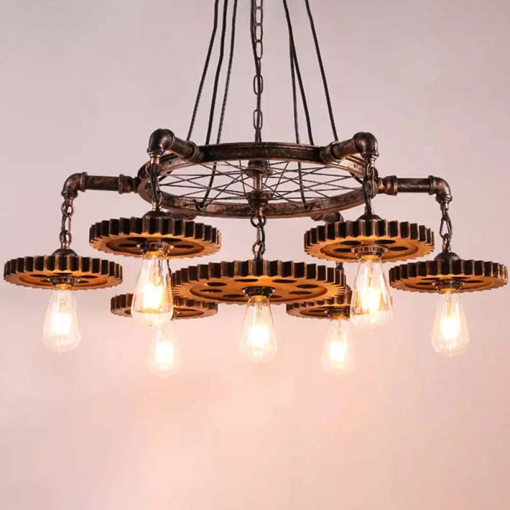 Antiqued Bronze Gear Chandelier - Loft Style Iron 3/5/7-Light Ceiling Lamp For Living Room