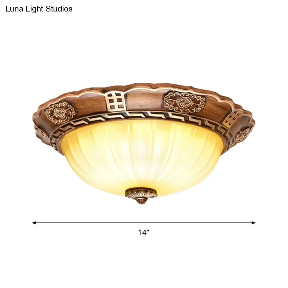 Antiqued Brown Scalloped-Edge Led Flush Mount Ceiling Light 14/16/19.5 Milky Glass Bowl Ideal For