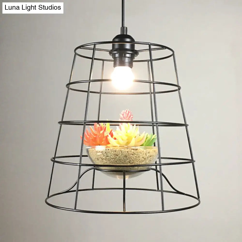 Antiqued Bucket Cage Pendant Light - Metallic Hanging Lighting In Black With Artificial