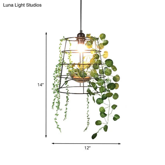 Antiqued Bucket Cage Pendant Light - Metallic Hanging Lighting In Black With Artificial