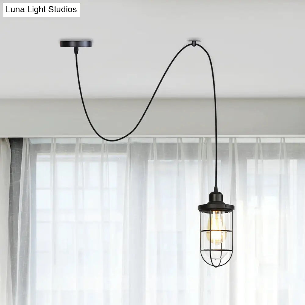 Antiqued Cage Pendant Lamp With Adjustable Cord - Black Finish Clear Glass Shade 1-Light Hanging