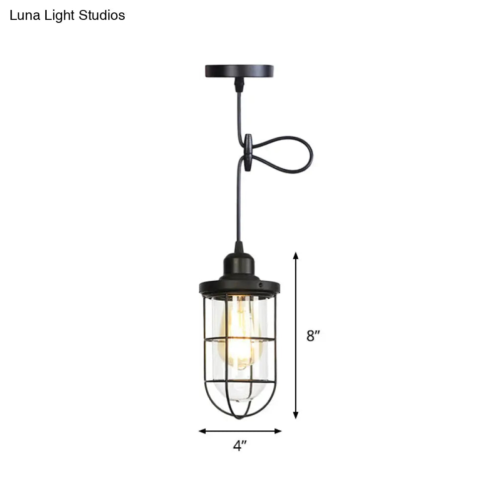 Antiqued Cage Pendant Lamp With Adjustable Cord - Black Finish Clear Glass Shade 1-Light Hanging