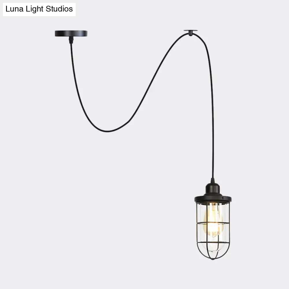 Antiqued Cage Pendant Lamp With Adjustable Cord - Black Finish Clear Glass Shade 1-Light Hanging