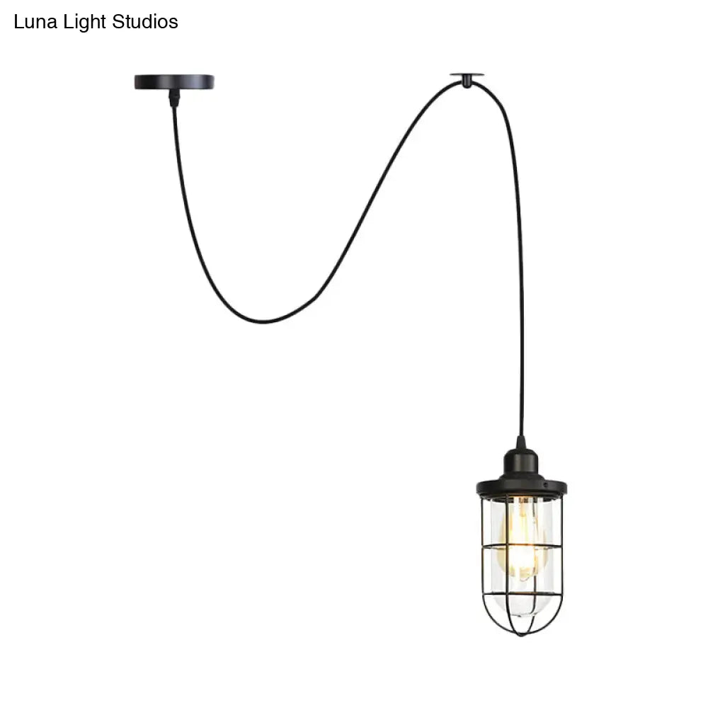 Antiqued Cage Pendant Lamp With Adjustable Cord - Black Finish Clear Glass Shade 1-Light Hanging