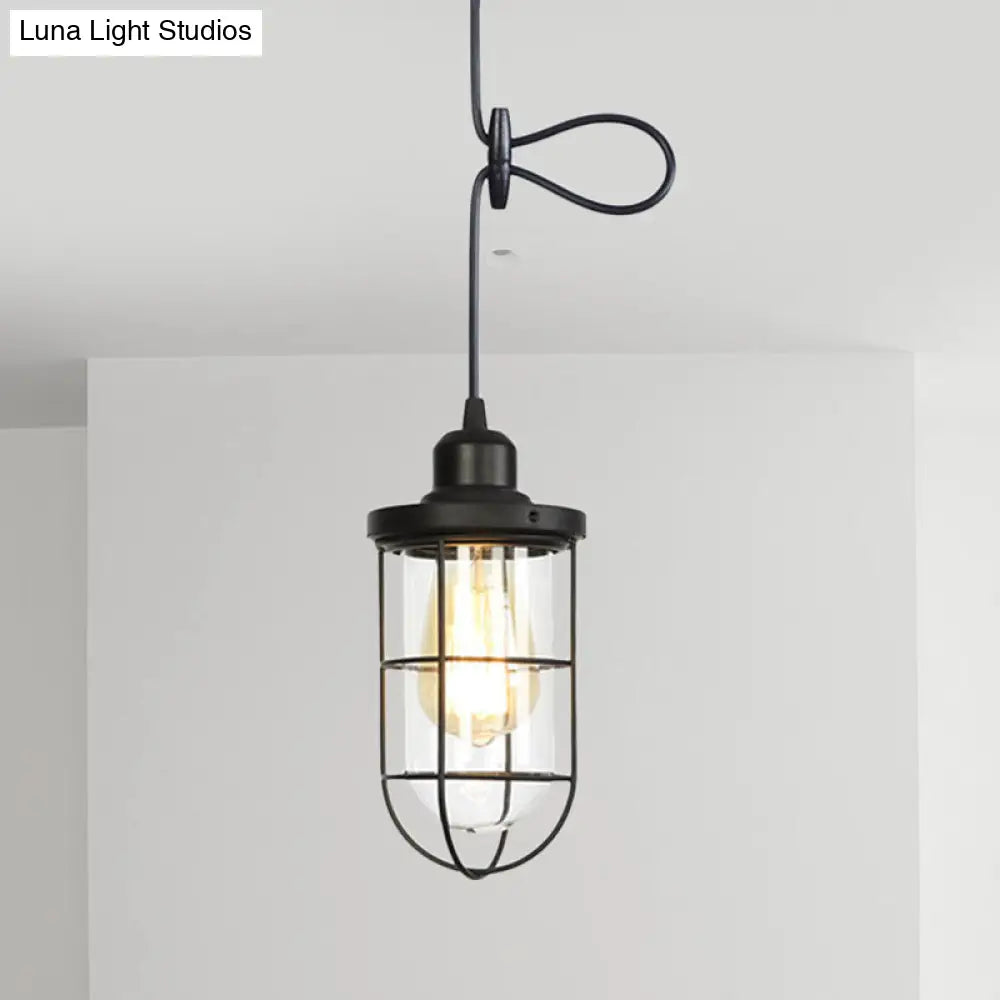 Antiqued Cage Pendant Lamp With Adjustable Cord - Black Finish Clear Glass Shade 1-Light Hanging