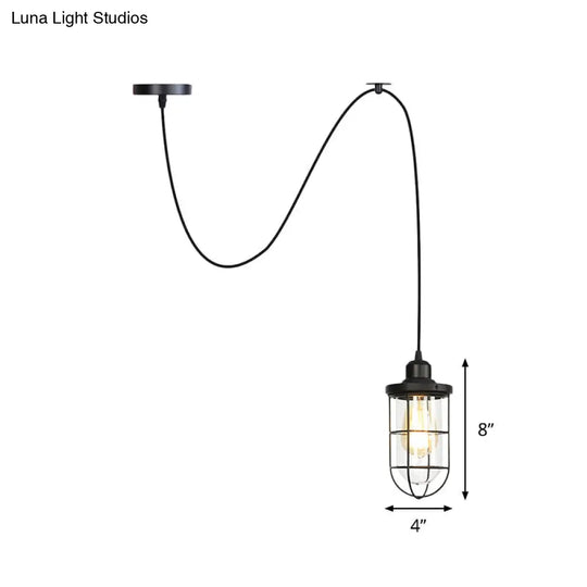 Antiqued Cage Pendant Lamp With Adjustable Cord - Black Finish Clear Glass Shade 1-Light Hanging