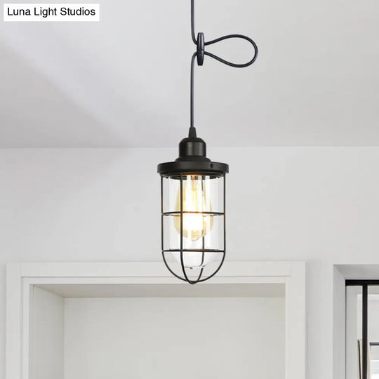 Antiqued Cage Pendant Light With Clear Glass And Adjustable Cord - Black Finish