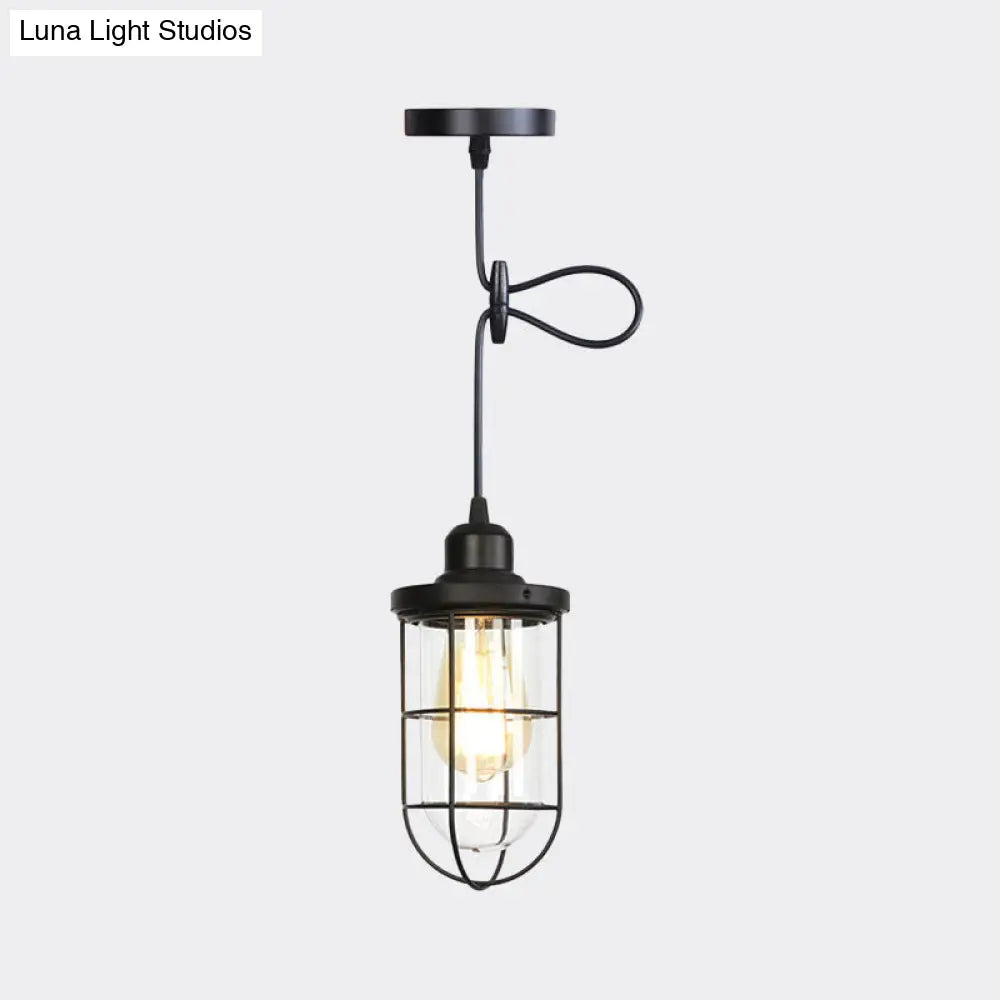 Antiqued Cage Pendant Lamp With Adjustable Cord - Black Finish Clear Glass Shade 1-Light Hanging