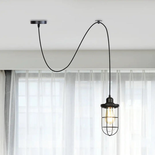 Antiqued Cage Pendant Light With Clear Glass And Adjustable Cord - Black Finish / B