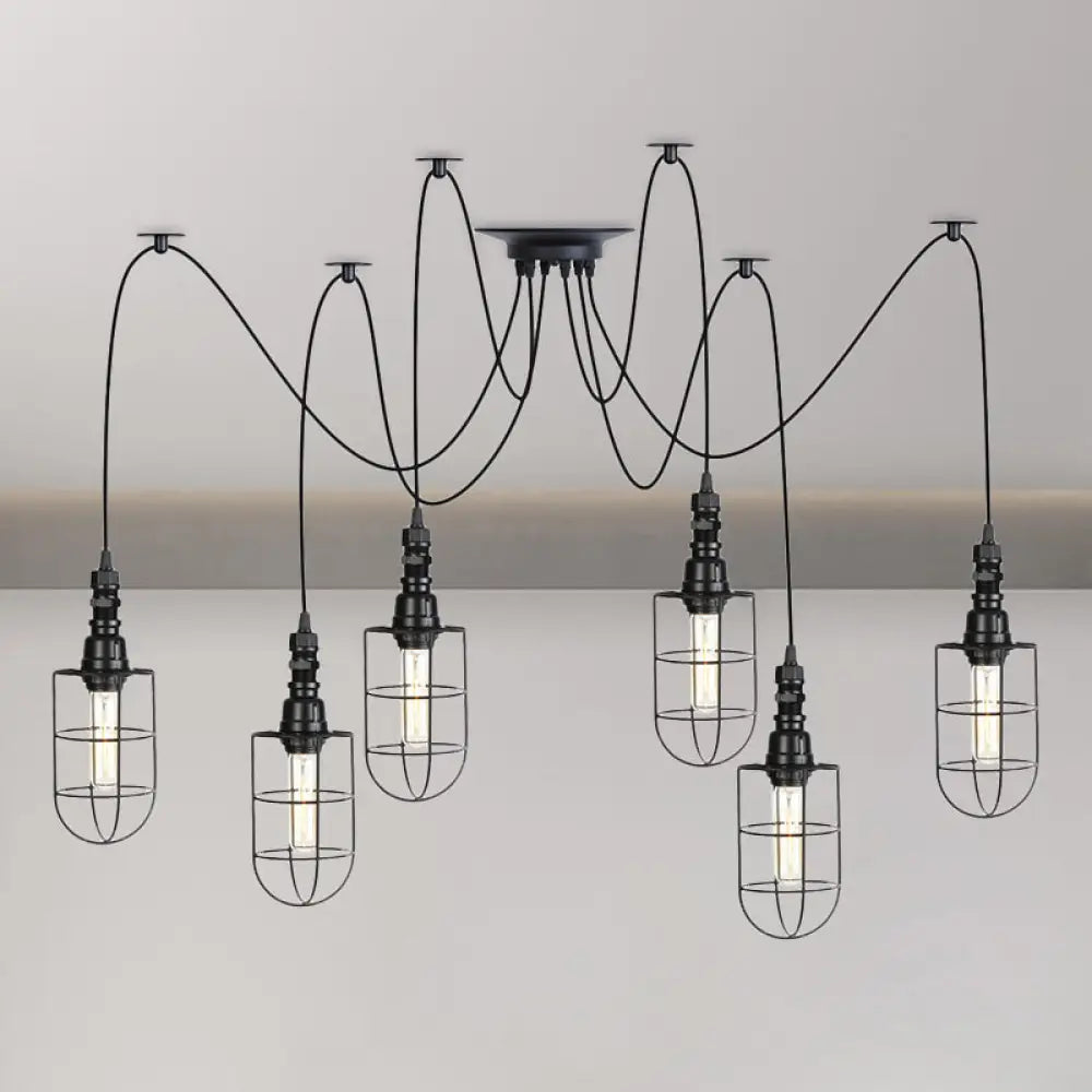 Antiqued Caged Iron Swag Pendant Lighting - 2/3/6 Bulbs Mini Multiple Hanging Lamp In Black 6 /