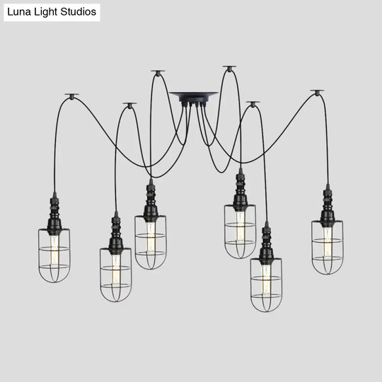 Antiqued Caged Iron Swag Pendant Lighting - 2/3/6 Bulbs Mini Multiple Hanging Lamp In Black