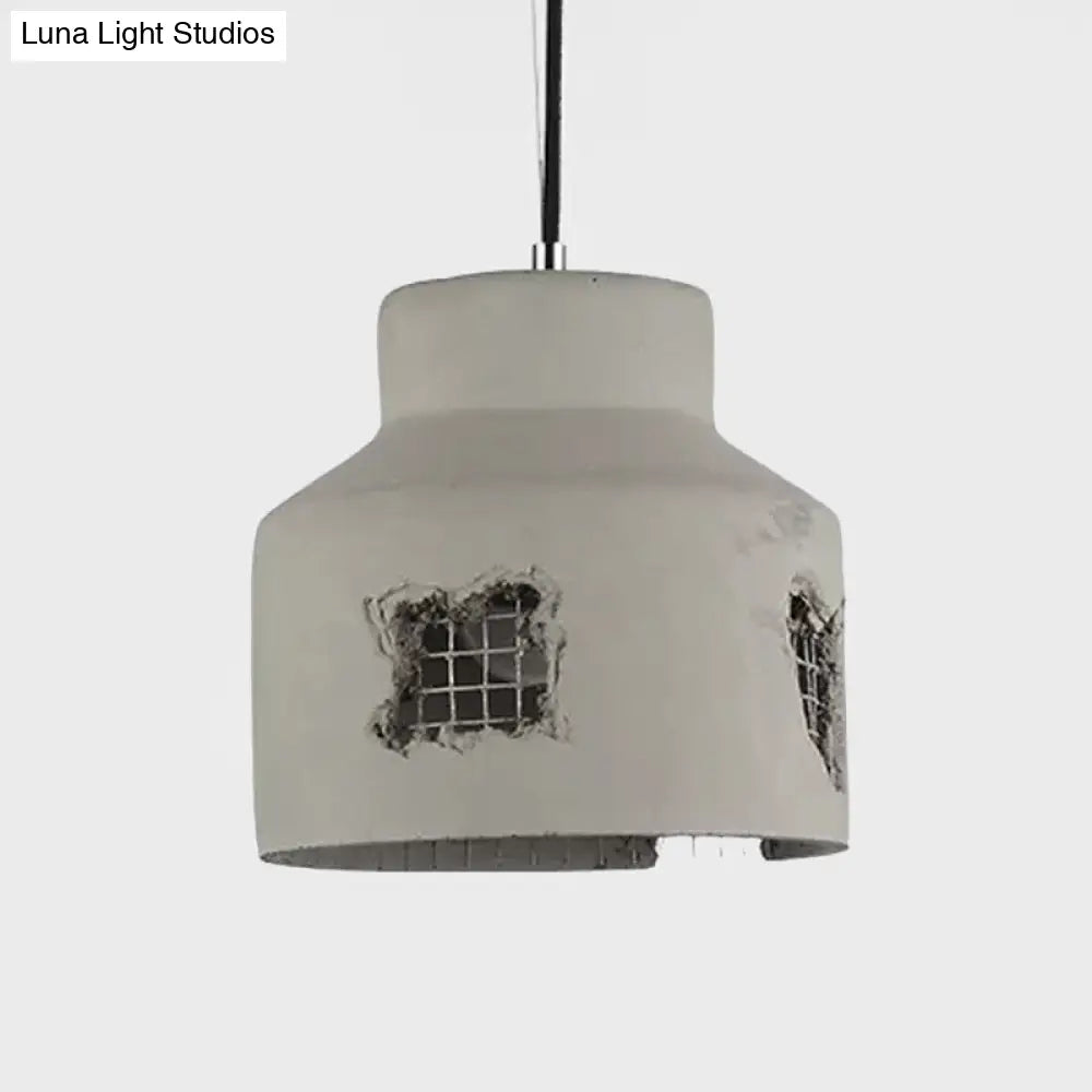 Antiqued Cement Pendant Lamp Fixture - Grey Cylinder/Dome Hanging Ceiling Light Bulb