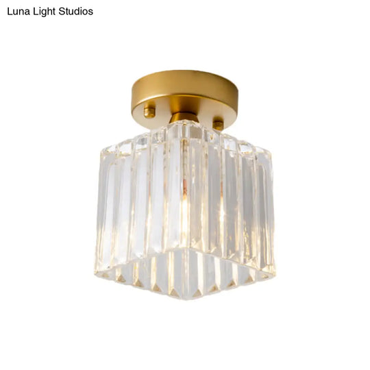 Antiqued Clear Fluted Glass Brass Flush Mount Lamp - Small Cubic Ceiling Fixture