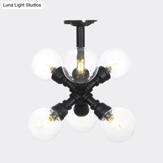 Antiqued Clear Glass Ball Led Semi Flushmount Lighting With 4/5/6 Heads In Black