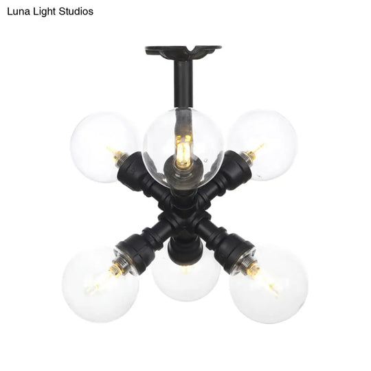 Antiqued Clear Glass Ball Led Semi Flushmount Lighting With 4/5/6 Heads In Black