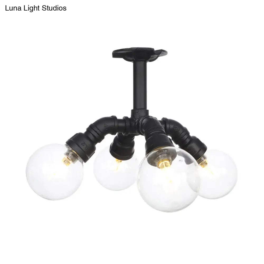 Antiqued Clear Glass Ball Led Semi Flushmount Lighting With 4/5/6 Heads In Black