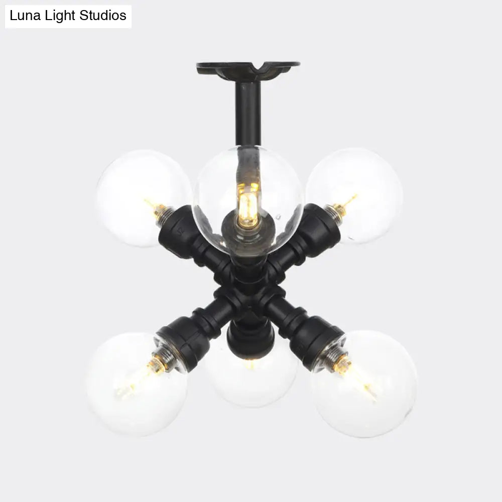 Antiqued Clear Glass Ball Led Semi Flushmount Lighting With 4/5/6 Heads In Black