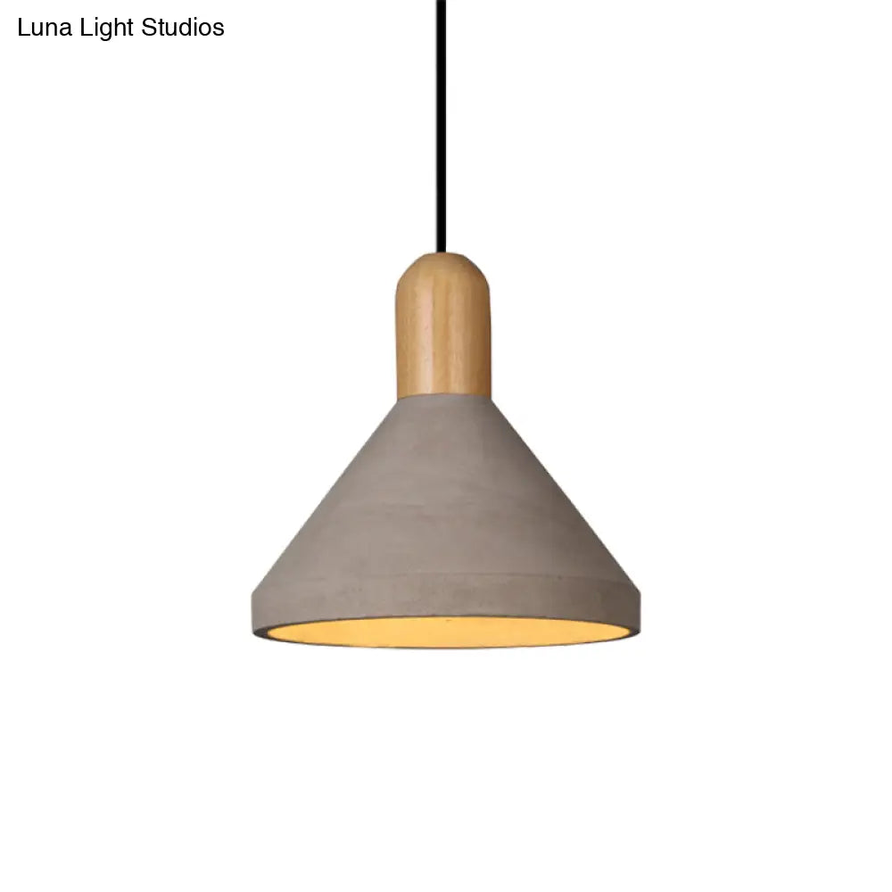 Antiqued Conical Cement Ceiling Light Restaurant Pendant Lamp In Grey With Wood Accents