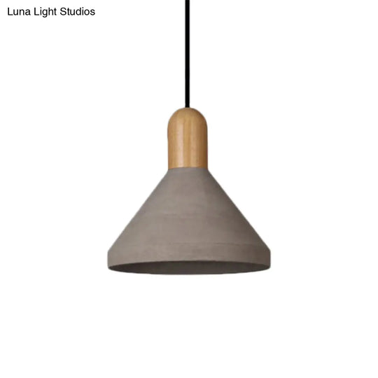 Antiqued Conical Cement Ceiling Light Restaurant Pendant Lamp In Grey With Wood Accents