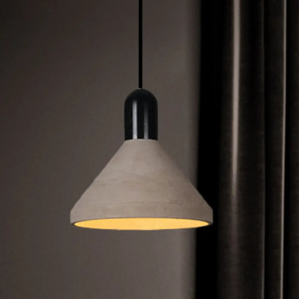 Antiqued Conical Cement Ceiling Light Restaurant Pendant Lamp In Grey With Wood Accents Black