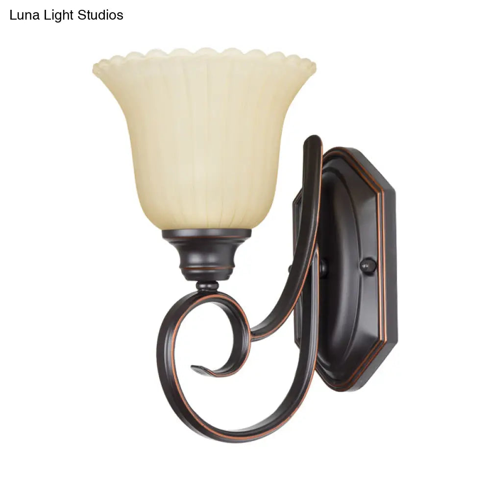 Antiqued Corner Wall Mount Lamp With Flower White Glass Shade - Black Finish