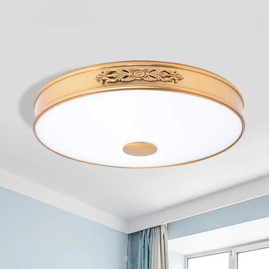 Antiqued Cream Glass Round Flush Mount Led Ceiling Lamp Fixture Gold For Bedroom / 12’