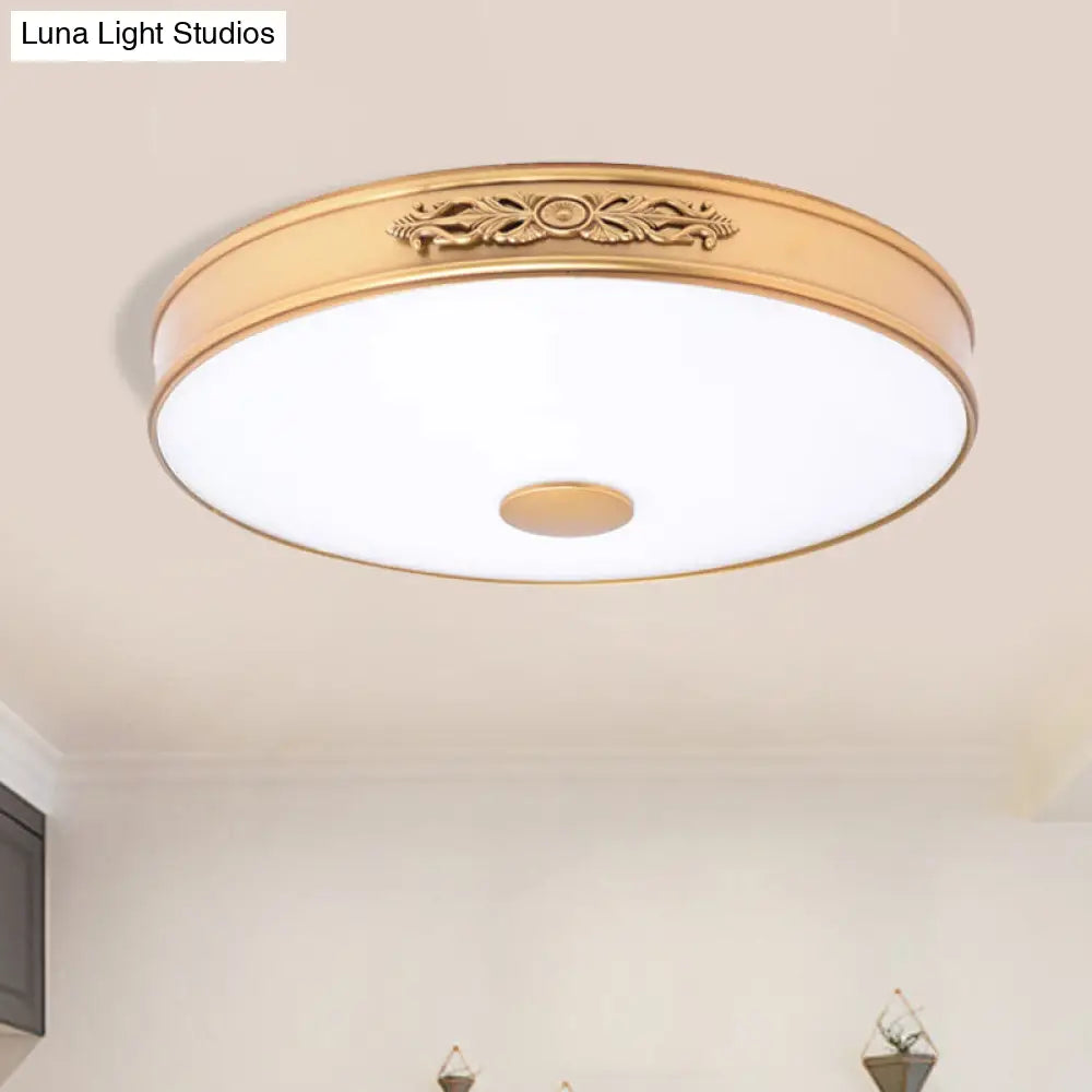 Antiqued Cream Glass Round Flush Mount Led Ceiling Lamp Fixture Gold For Bedroom