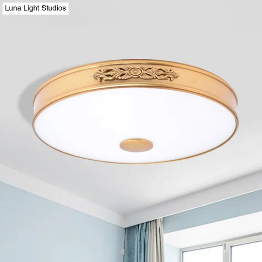Antiqued Cream Glass Round Flush Mount Led Ceiling Lamp Fixture Gold For Bedroom / 12
