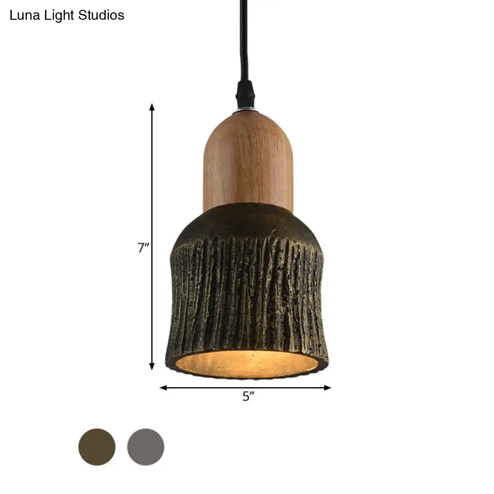 Antiqued Cup-Shape Ceiling Light Pendant Lamp - 1 Head Silver/Black/Bronze & Wood