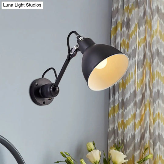 Antiqued Domed Wall Sconce 1-Light Metal Arm Lamp - Adjustable & Black Ideal For Corridors