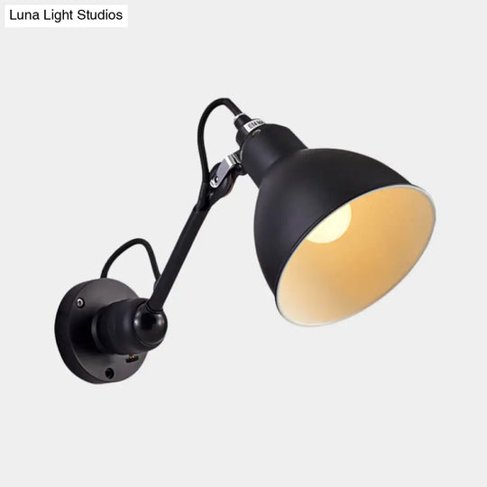 Antiqued Domed Wall Sconce 1-Light Metal Arm Lamp - Adjustable & Black Ideal For Corridors