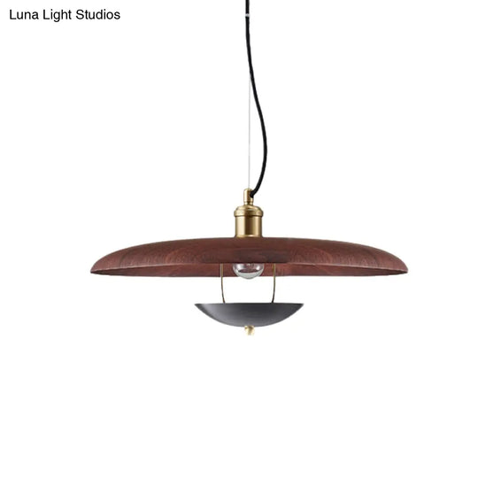 Antiqued Flat Hanging Light - 1-Bulb Metal Ceiling Lamp In Red/Gold With Adjustable Cord
