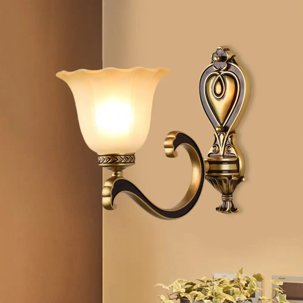 Antiqued Frosted Glass Bell Wall Lamp Fixture With Brass Accent For Bedroom Up Mounting 1 / B