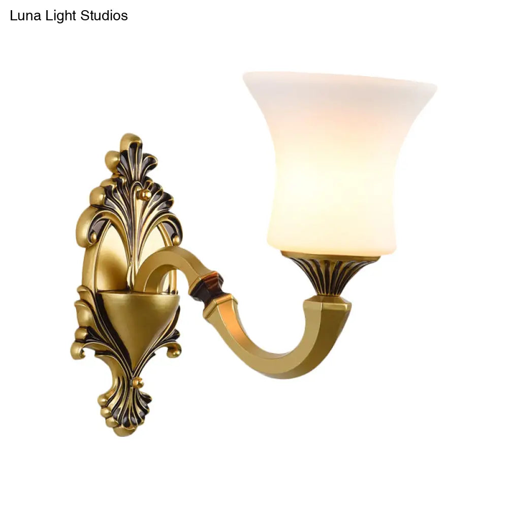 Antiqued Frosted Glass Bell Wall Lamp Fixture With Brass Accent For Bedroom Up Mounting