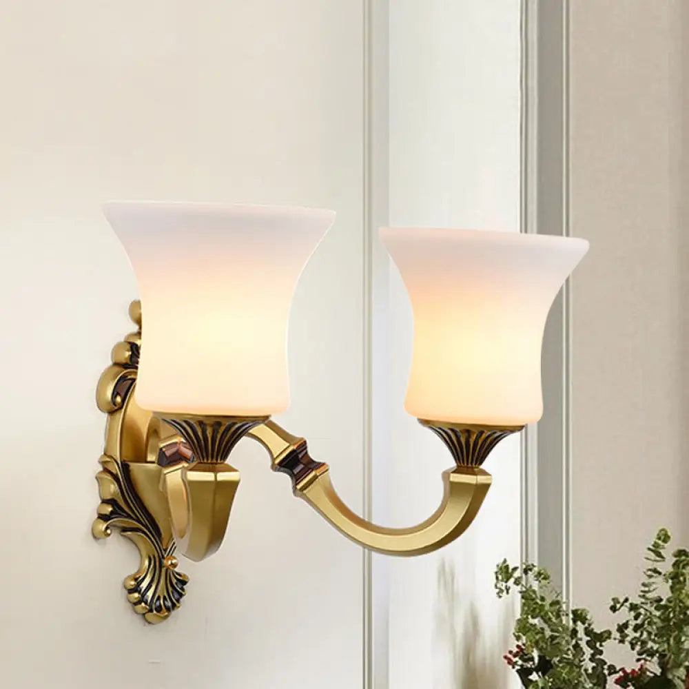 Antiqued Frosted Glass Bell Wall Lamp Fixture With Brass Accent For Bedroom Up Mounting 2 / A