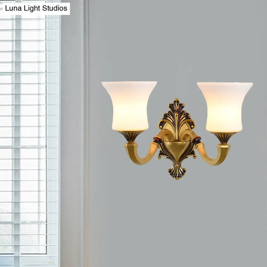 Antiqued Frosted Glass Bell Wall Lamp Fixture With Brass Accent For Bedroom Up Mounting