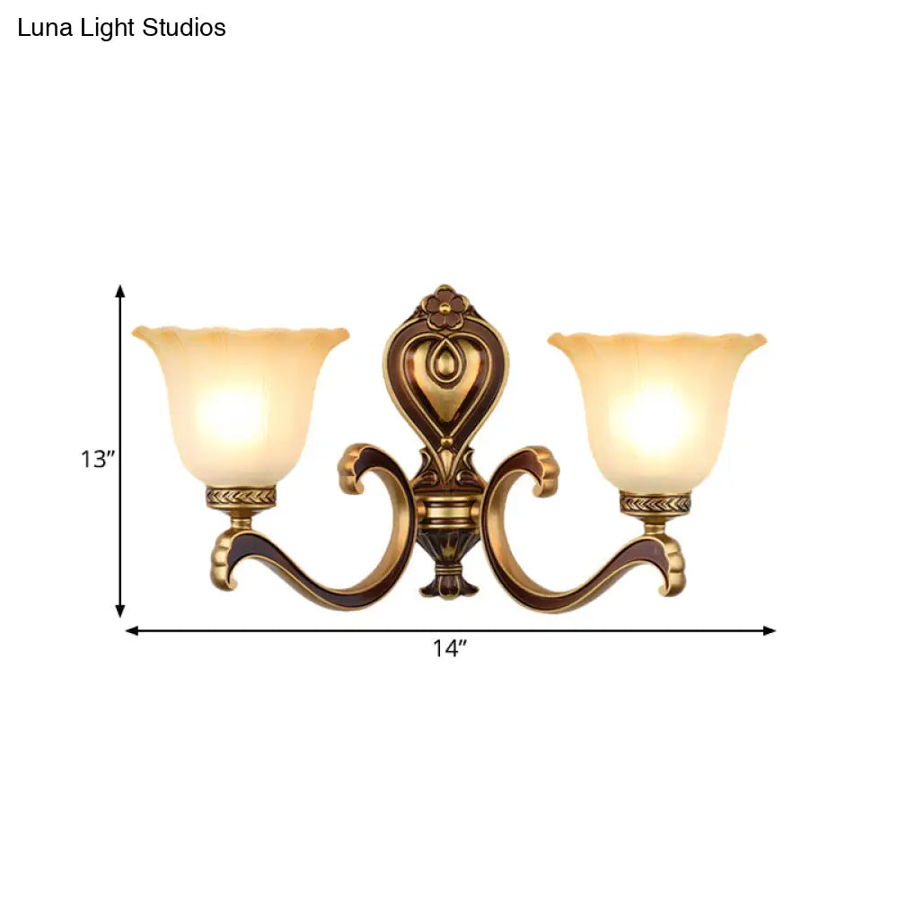 Antiqued Frosted Glass Bell Wall Lamp Fixture With Brass Accent For Bedroom Up Mounting