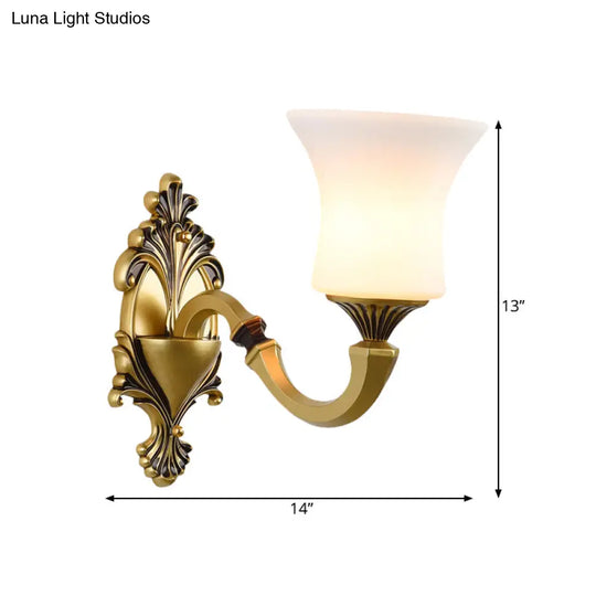 Antiqued Frosted Glass Bell Wall Lamp Fixture With Brass Accent For Bedroom Up Mounting