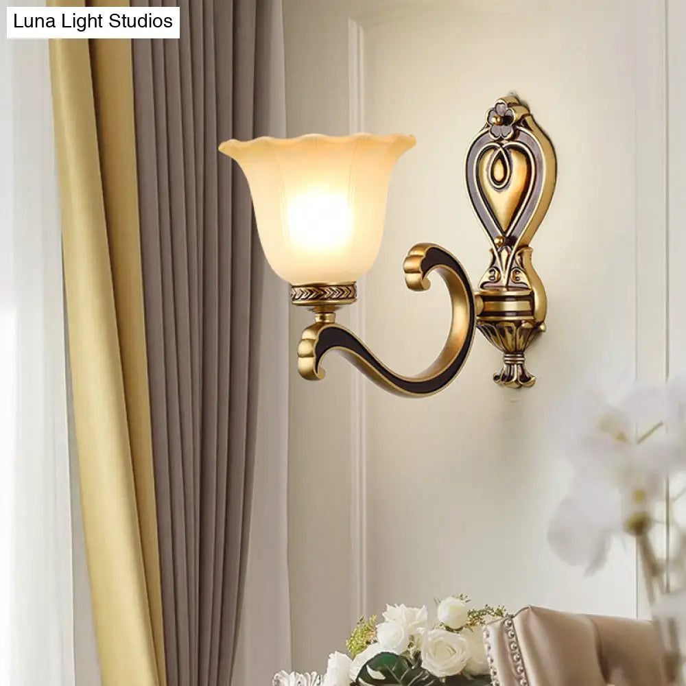 Antiqued Frosted Glass Bell Wall Lamp Fixture With Brass Accent For Bedroom Up Mounting