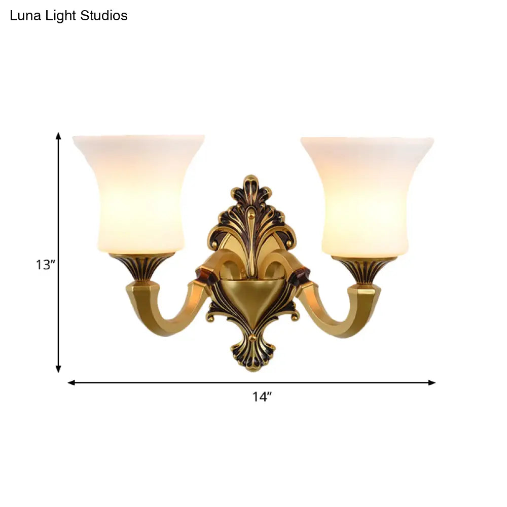 Antiqued Frosted Glass Bell Wall Lamp Fixture With Brass Accent For Bedroom Up Mounting