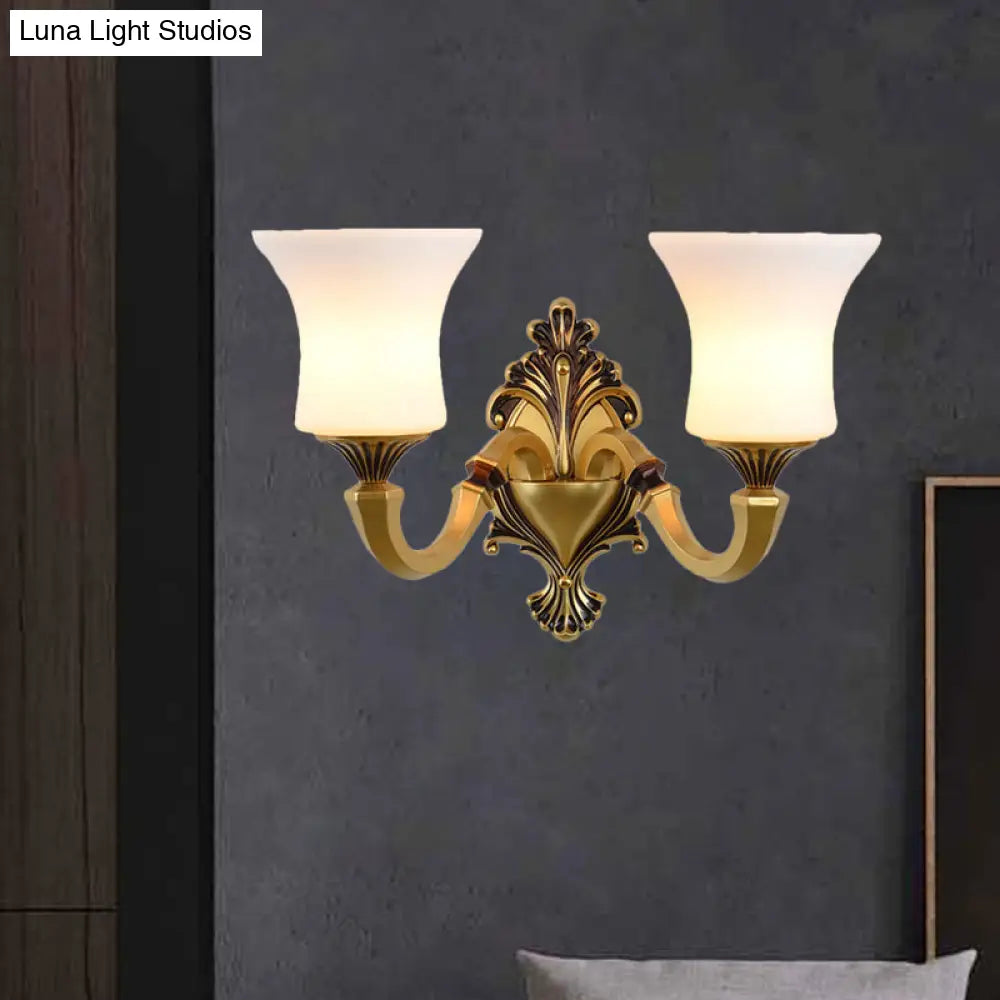 Antiqued Frosted Glass Bell Wall Lamp Fixture With Brass Accent For Bedroom Up Mounting