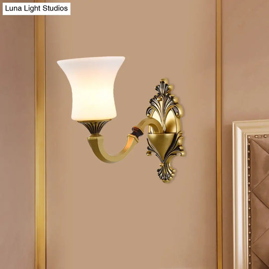 Antiqued Frosted Glass Bell Wall Lamp Fixture With Brass Accent For Bedroom Up Mounting