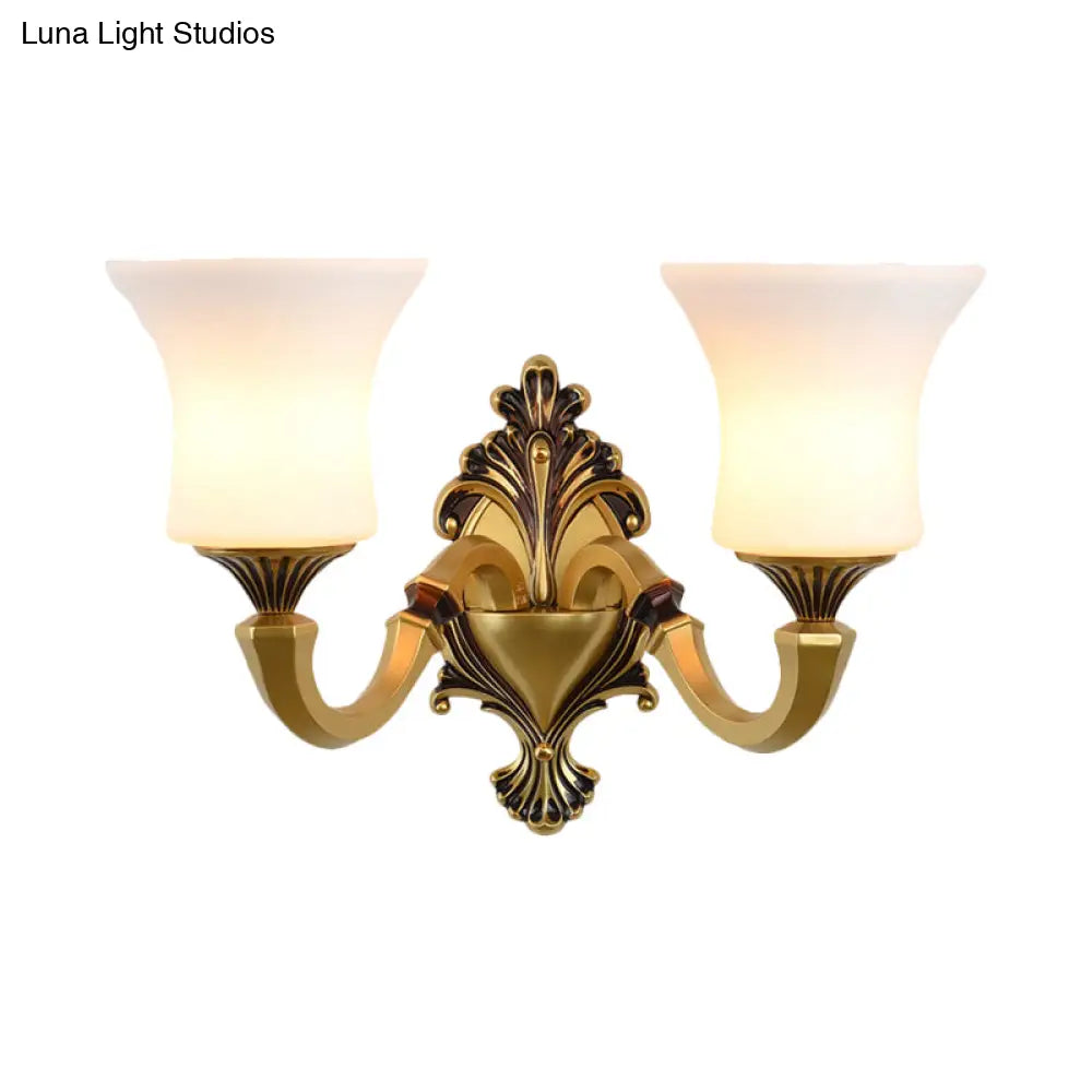 Antiqued Frosted Glass Bell Wall Lamp Fixture With Brass Accent For Bedroom Up Mounting